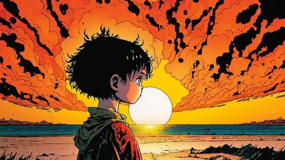 Ilustração em estilo anime de um menino diante de um pôr do sol alaranjado