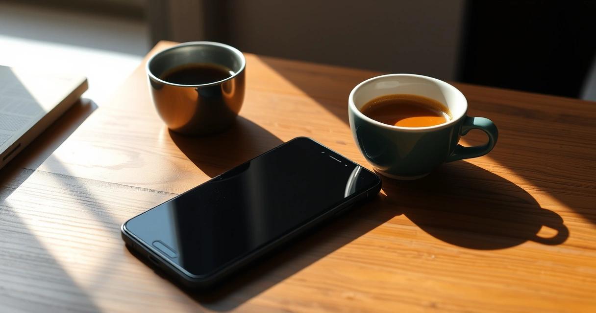 Celular sobre uma mesa de madeira, ao lado de uma xícara de café