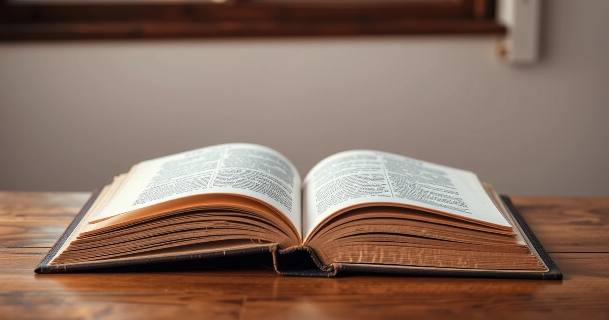 Livro antigo aberto sobre uma mesa de madeira, com luz de janela