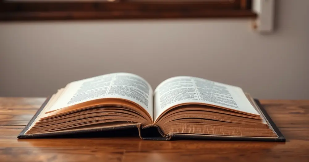 Livro antigo aberto sobre uma mesa de madeira, com luz de janela