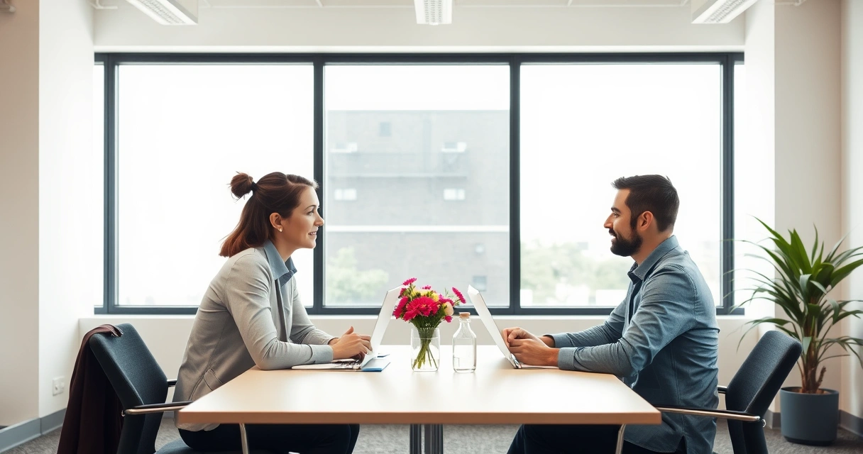 Três pessoas conversando ao redor de uma mesa num escritório claro