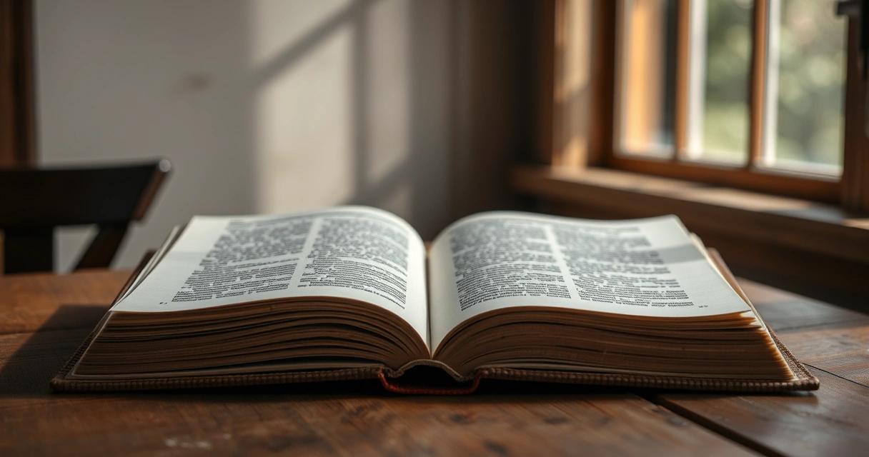 Livro antigo aberto sobre uma mesa de madeira, com luz de janela