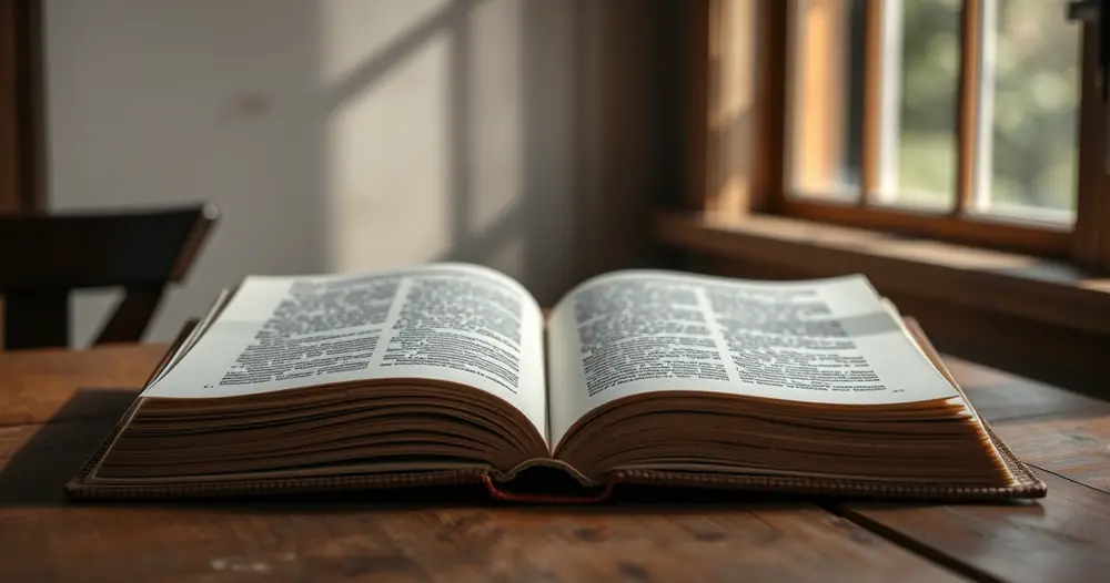 Livro antigo aberto sobre uma mesa de madeira, com luz de janela
