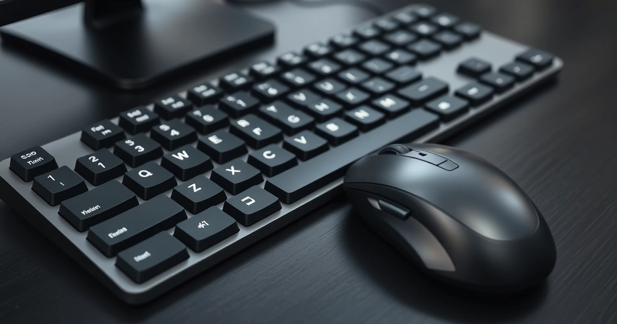 Close de um teclado mecânico e um mouse sobre mesa escura