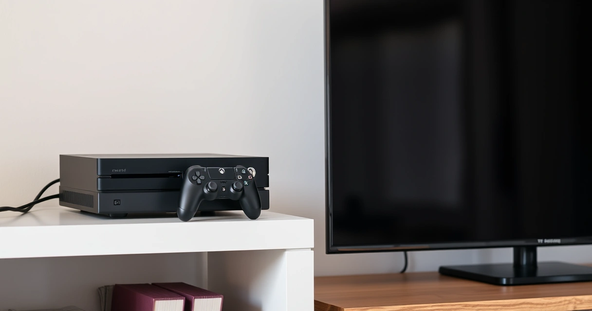 Console de videogame numa estante, ao lado da televisão