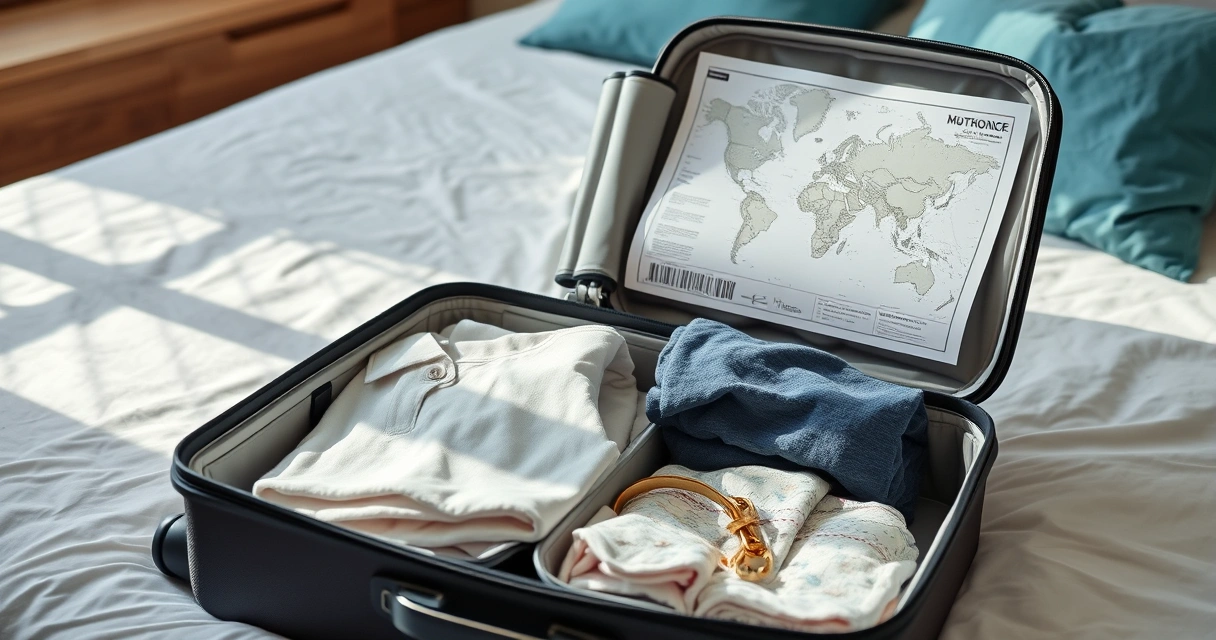 Mala aberta com roupas dobradas e um mapa de papel sobre a cama