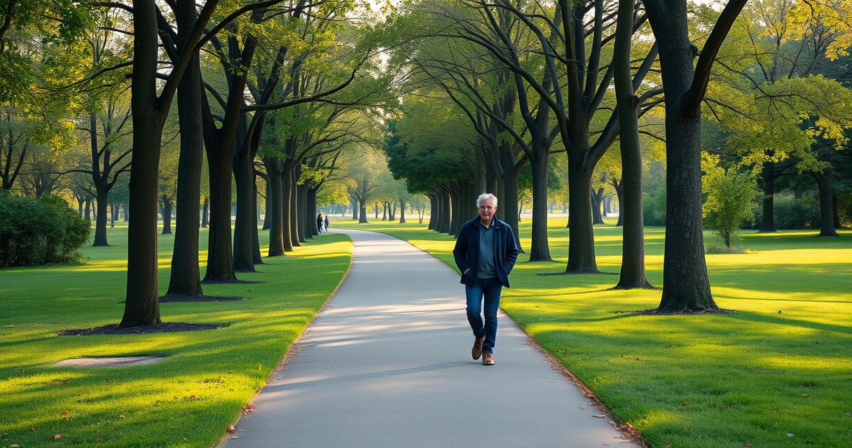 Pessoa caminhando por uma trilha de parque entre árvores