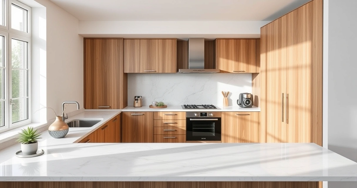 Cozinha moderna com armários de madeira e bancada de mármore