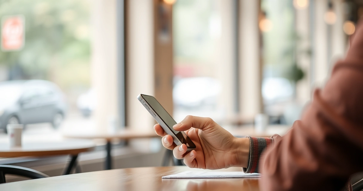 Pessoa segurando um celular na mesa de uma cafeteria