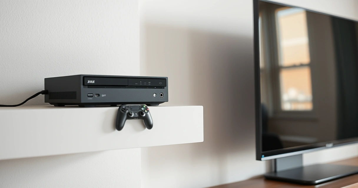 Console de videogame numa estante, ao lado da televisão