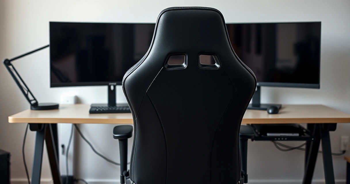 Cadeira gamer diante de uma mesa com dois monitores