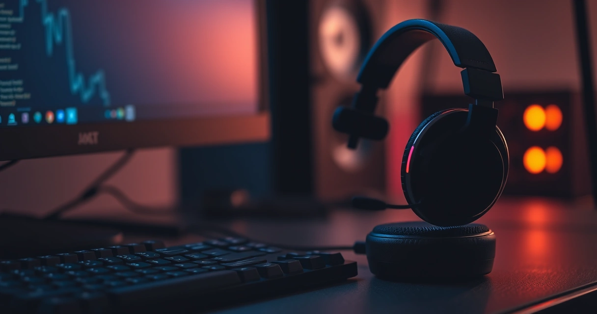 Headset gamer sobre a mesa, ao lado do teclado