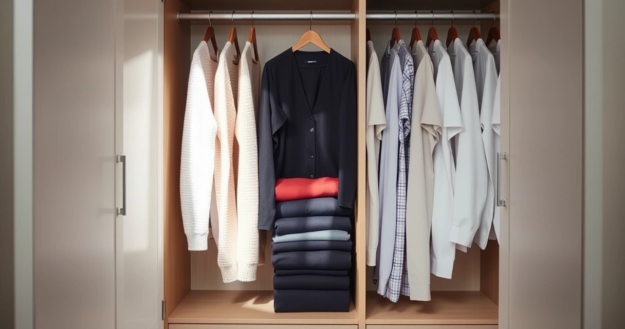 Roupas dobradas com cuidado dentro de um guarda-roupa aberto