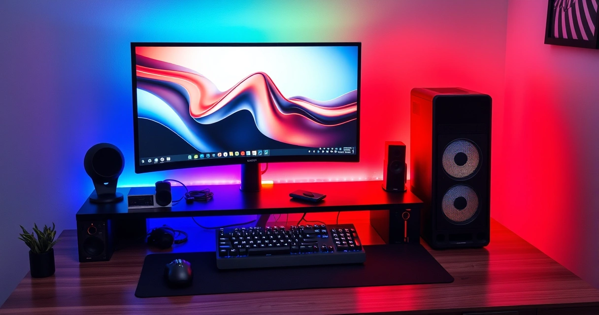 Mesa de jogo com monitor, teclado e iluminação colorida