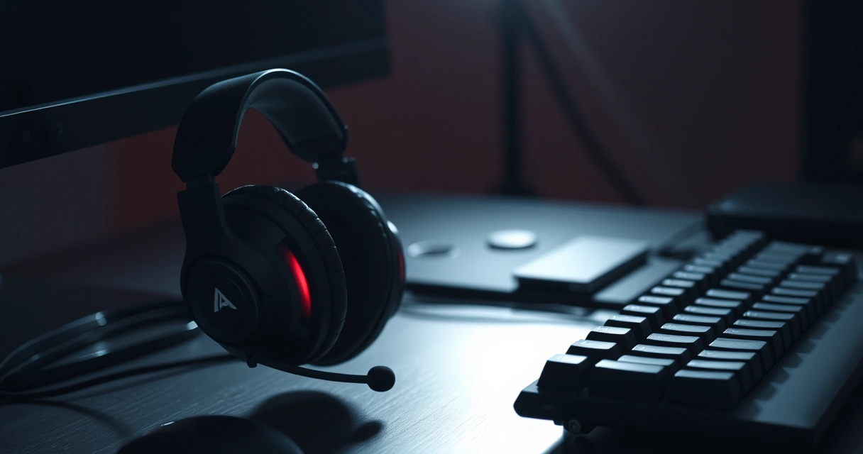 Headset gamer sobre a mesa, ao lado do teclado