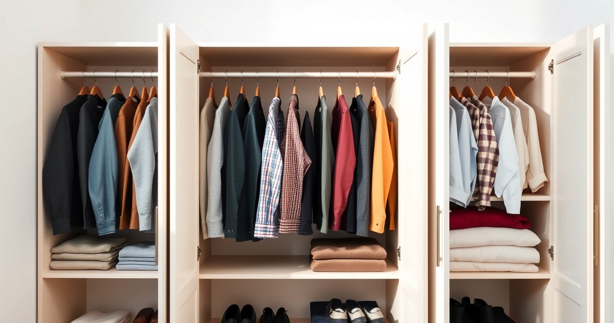 Roupas dobradas com cuidado dentro de um guarda-roupa aberto