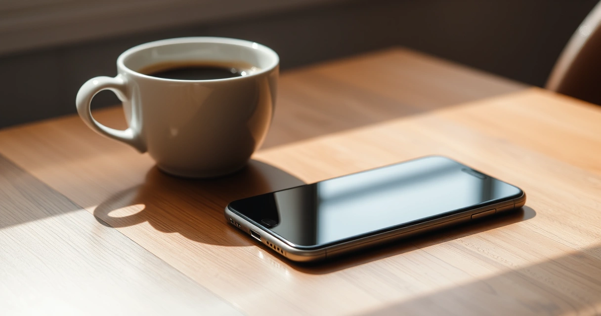 Celular sobre uma mesa de madeira, ao lado de uma xícara de café