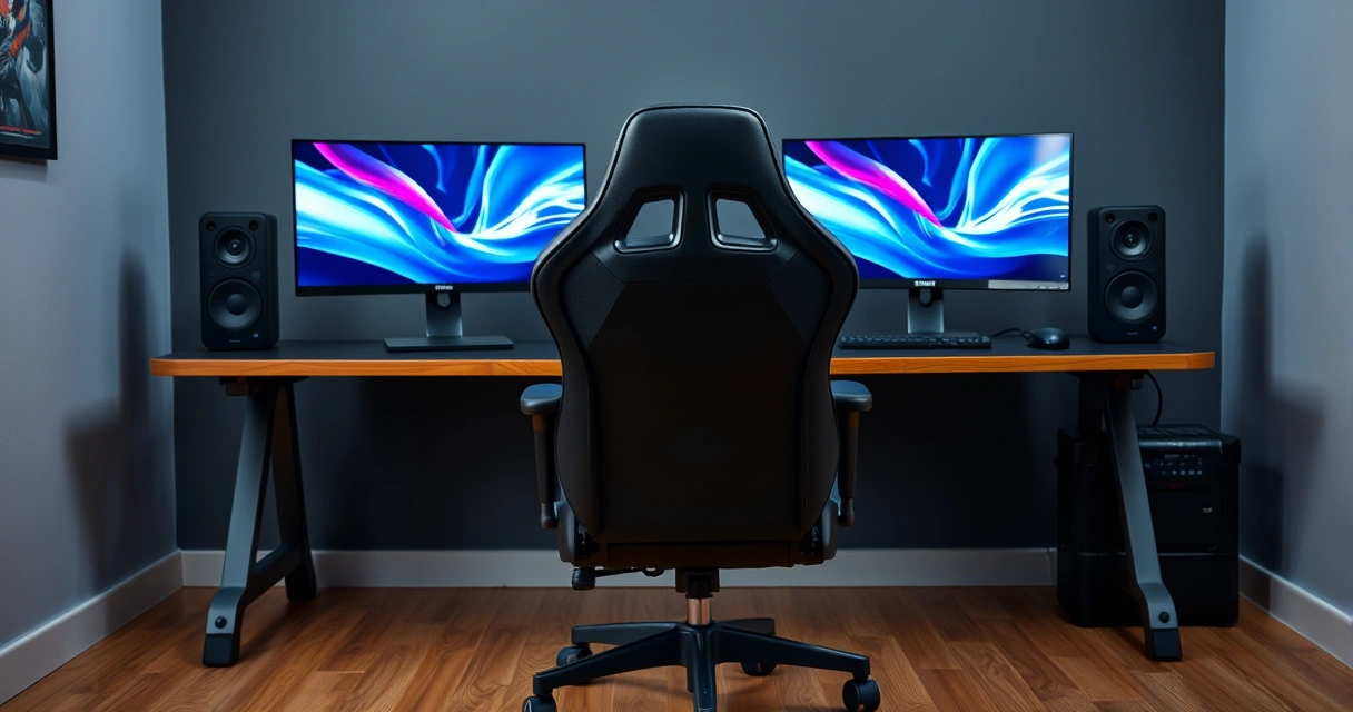 Cadeira gamer diante de uma mesa com dois monitores