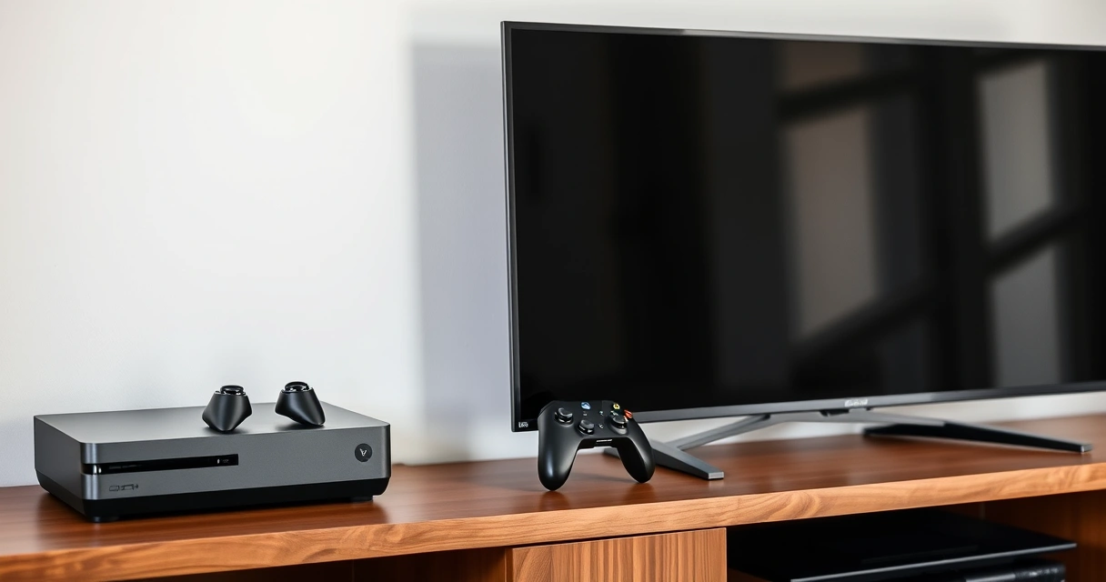 Console de videogame numa estante, ao lado da televisão