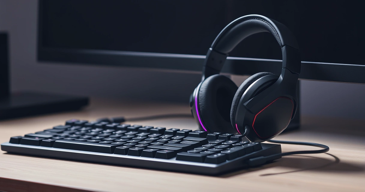 Headset gamer sobre a mesa, ao lado do teclado