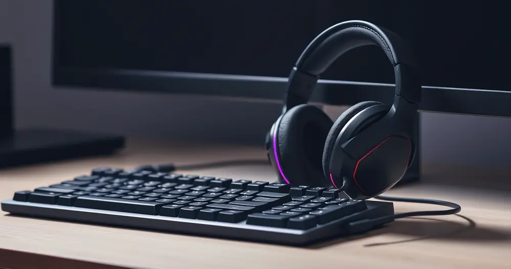 Headset gamer sobre a mesa, ao lado do teclado