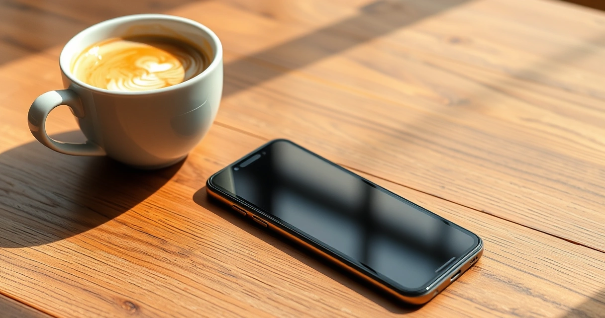 Celular sobre uma mesa de madeira, ao lado de uma xícara de café
