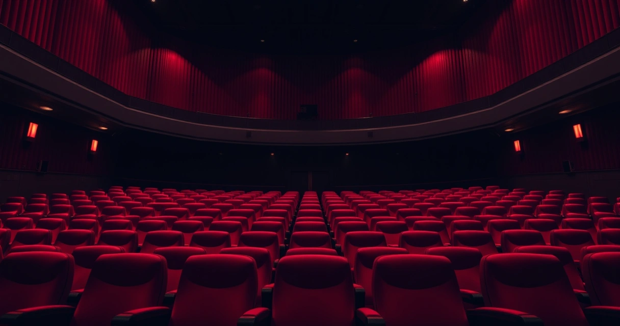 Sala de cinema vazia, com poltronas vermelhas e luz baixa
