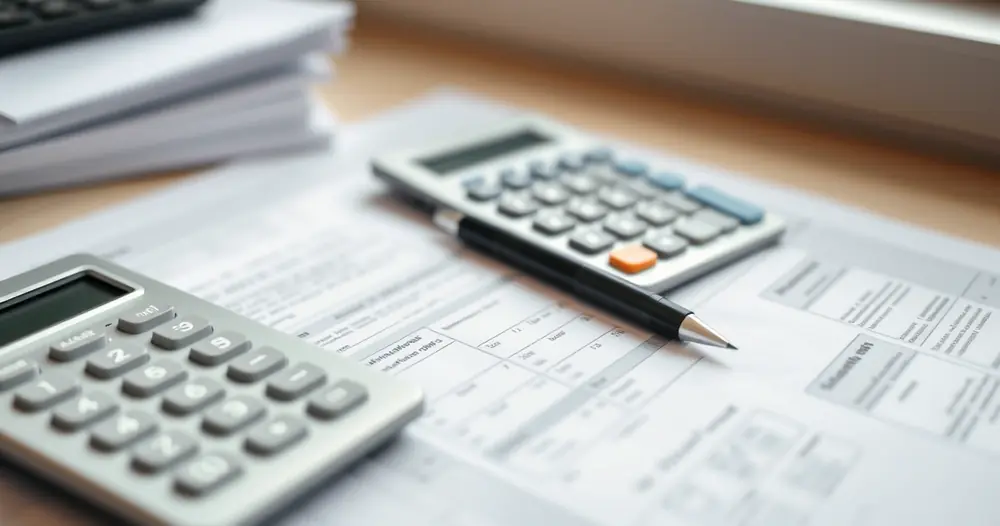 Documentos impressos, calculadora e caneta sobre a mesa