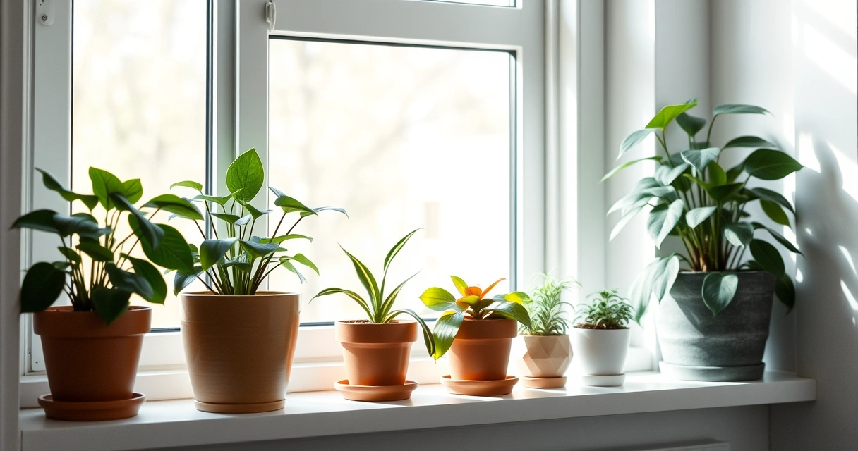 Vasos de planta no parapeito de uma janela clara