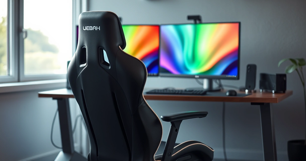 Cadeira gamer diante de uma mesa com dois monitores