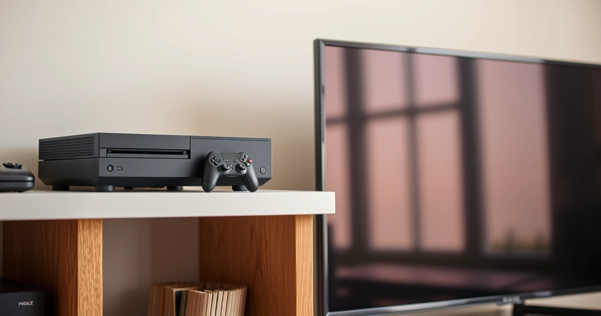 Console de videogame numa estante, ao lado da televisão