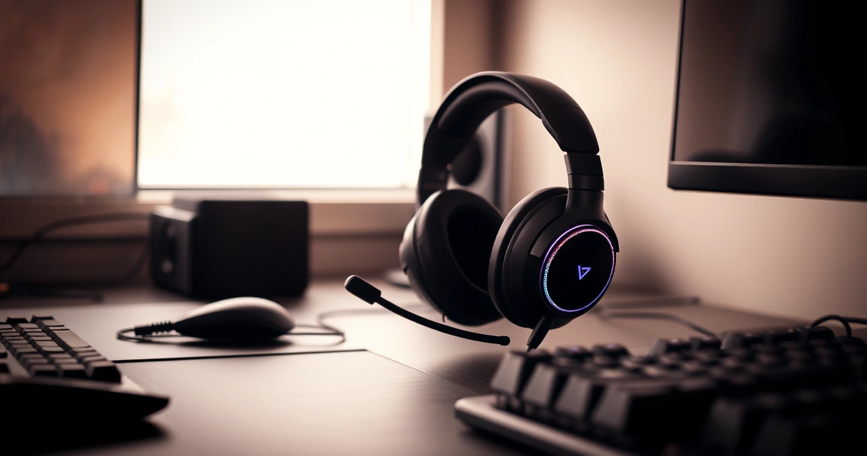 Headset gamer sobre a mesa, ao lado do teclado