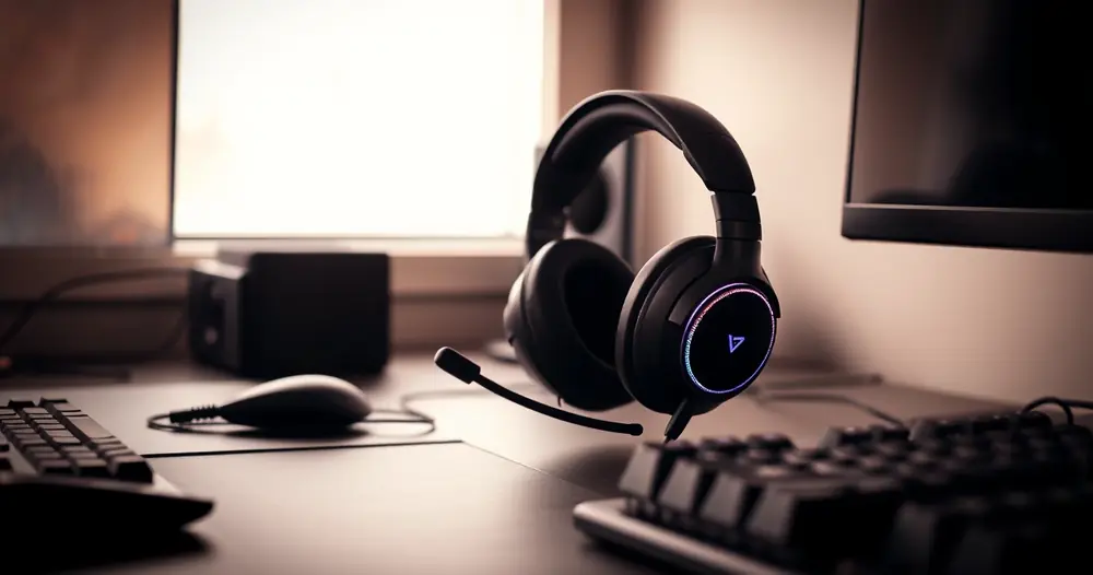 Headset gamer sobre a mesa, ao lado do teclado