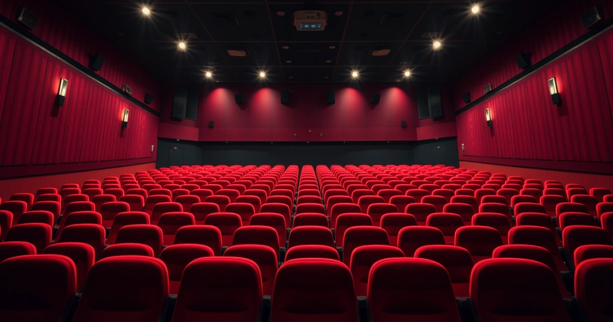 Sala de cinema vazia, com poltronas vermelhas e luz baixa