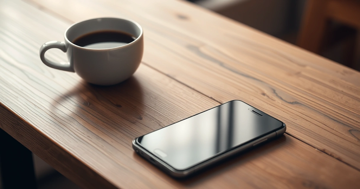Celular sobre uma mesa de madeira, ao lado de uma xícara de café