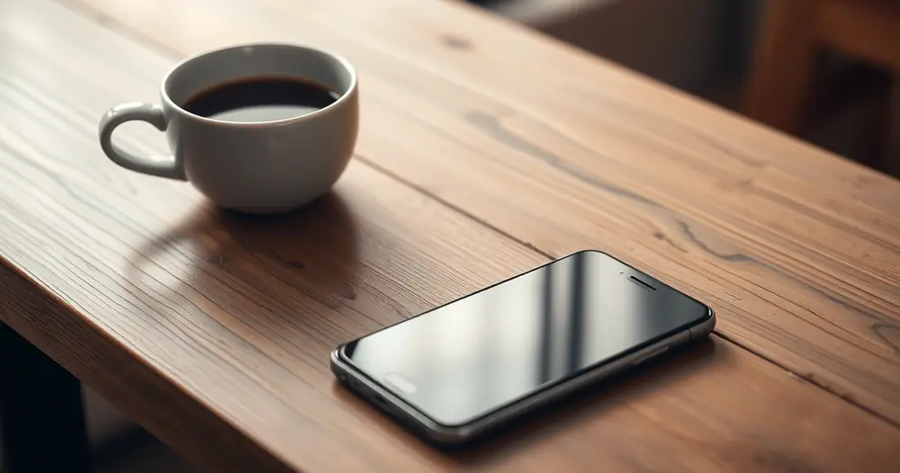 Celular sobre uma mesa de madeira, ao lado de uma xícara de café