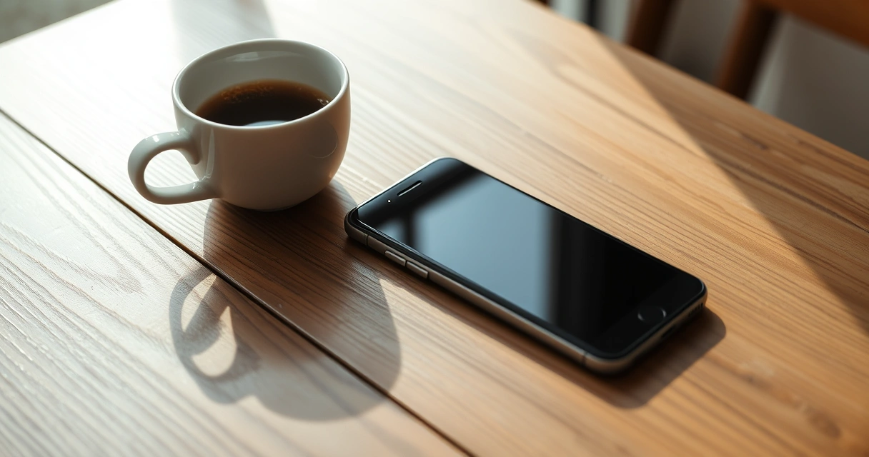 Celular sobre uma mesa de madeira, ao lado de uma xícara de café
