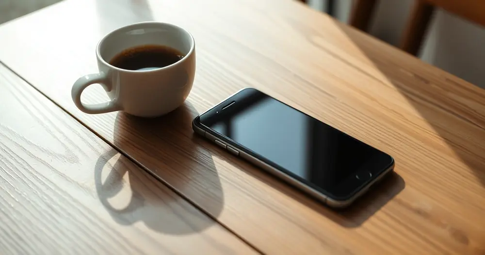 Celular sobre uma mesa de madeira, ao lado de uma xícara de café