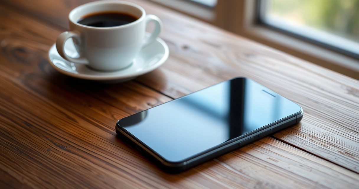 Celular sobre uma mesa de madeira, ao lado de uma xícara de café