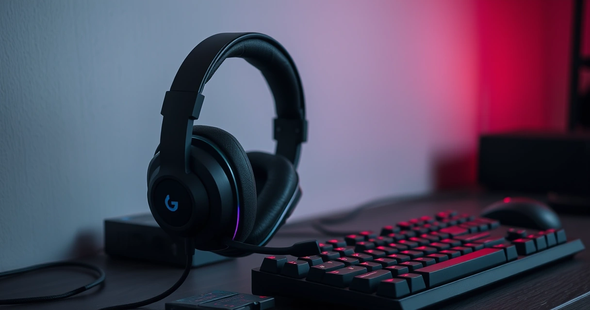 Headset gamer sobre a mesa, ao lado do teclado
