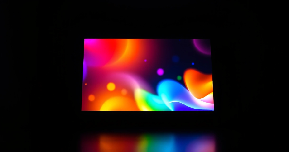 Monitor grande aceso num quarto escuro, com luz colorida