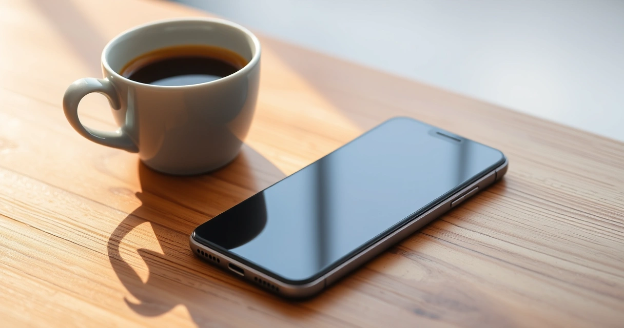 Celular sobre uma mesa de madeira, ao lado de uma xícara de café
