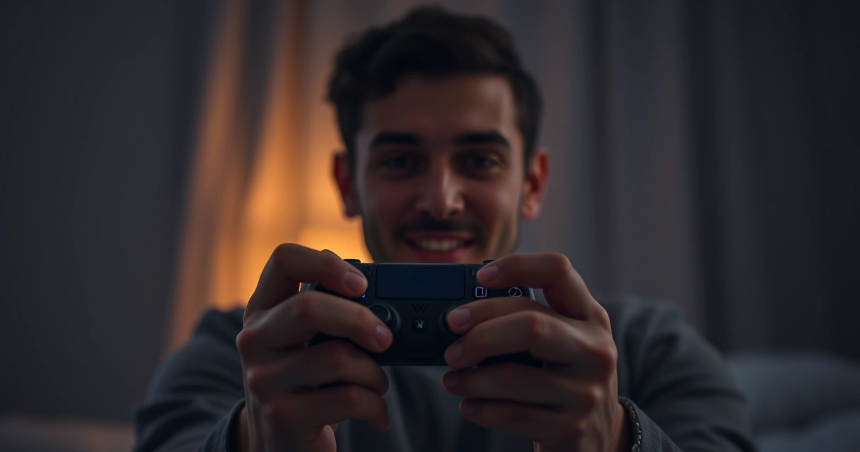 Mãos segurando um controle de videogame, com o brilho da tela ao fundo