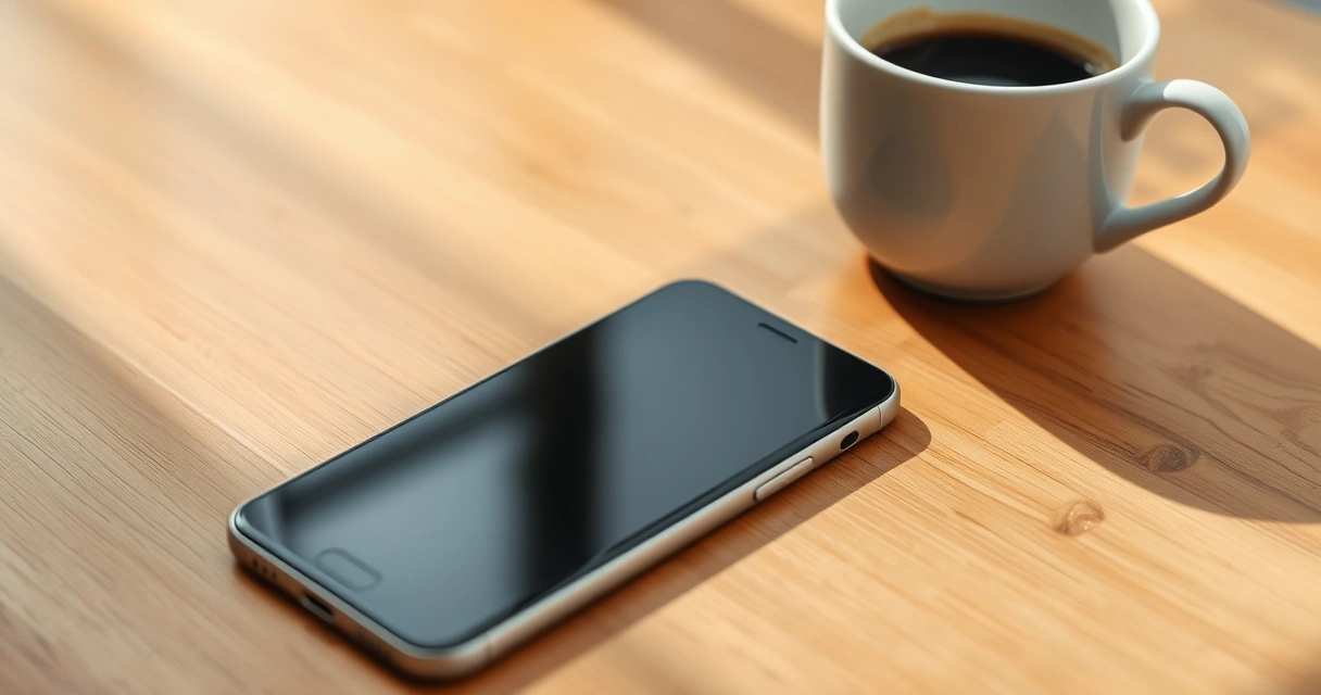 Celular sobre uma mesa de madeira, ao lado de uma xícara de café