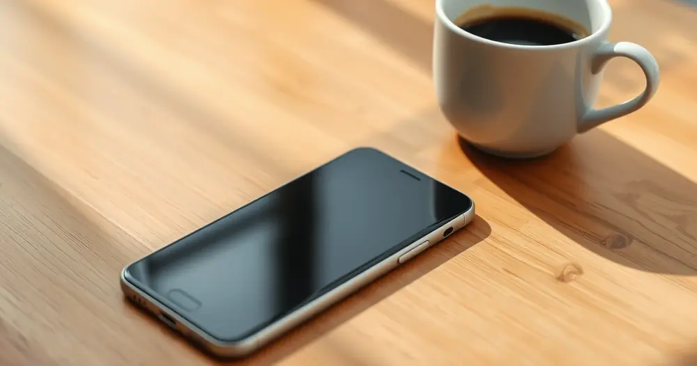Celular sobre uma mesa de madeira, ao lado de uma xícara de café