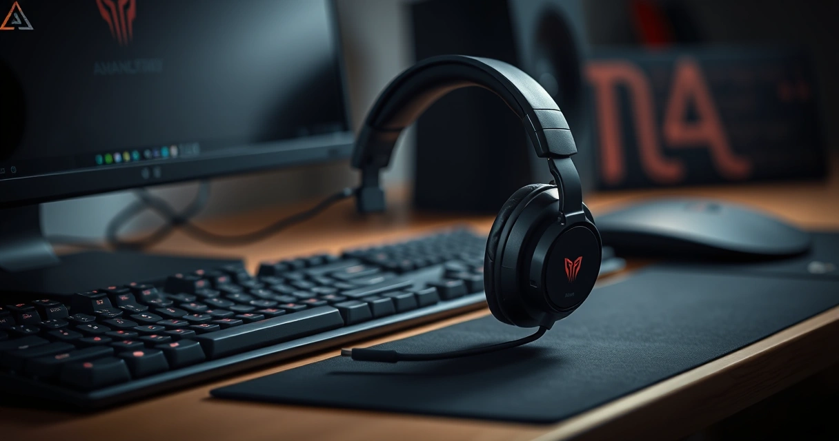 Headset gamer sobre a mesa, ao lado do teclado