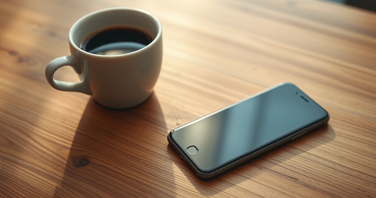 Celular sobre uma mesa de madeira, ao lado de uma xícara de café