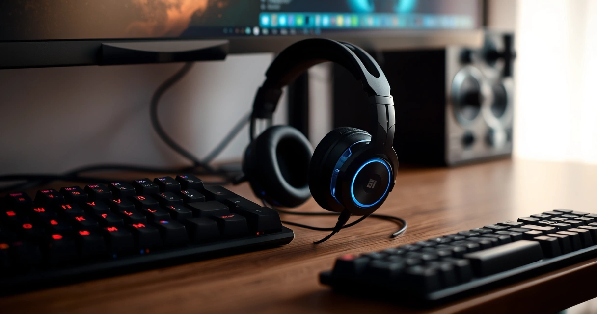 Headset gamer sobre a mesa, ao lado do teclado