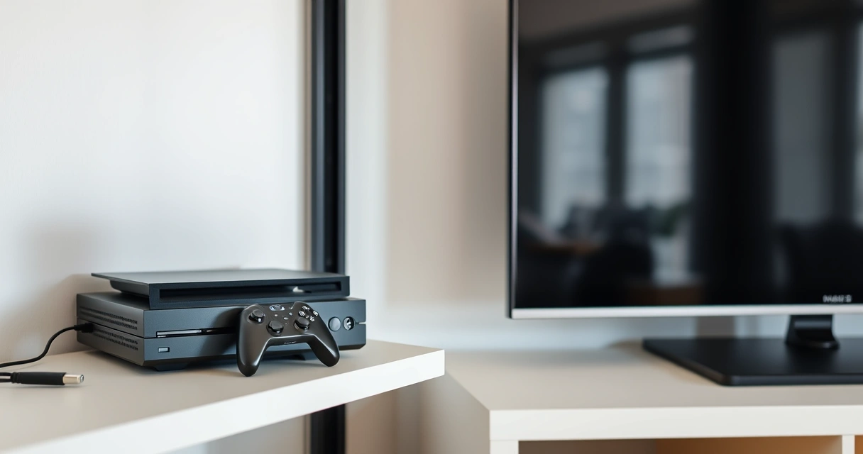 Console de videogame numa estante, ao lado da televisão