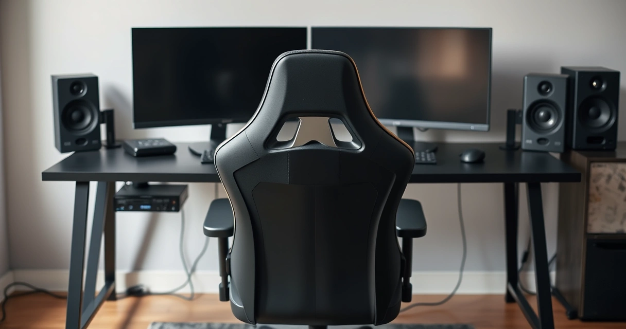 Cadeira gamer diante de uma mesa com dois monitores